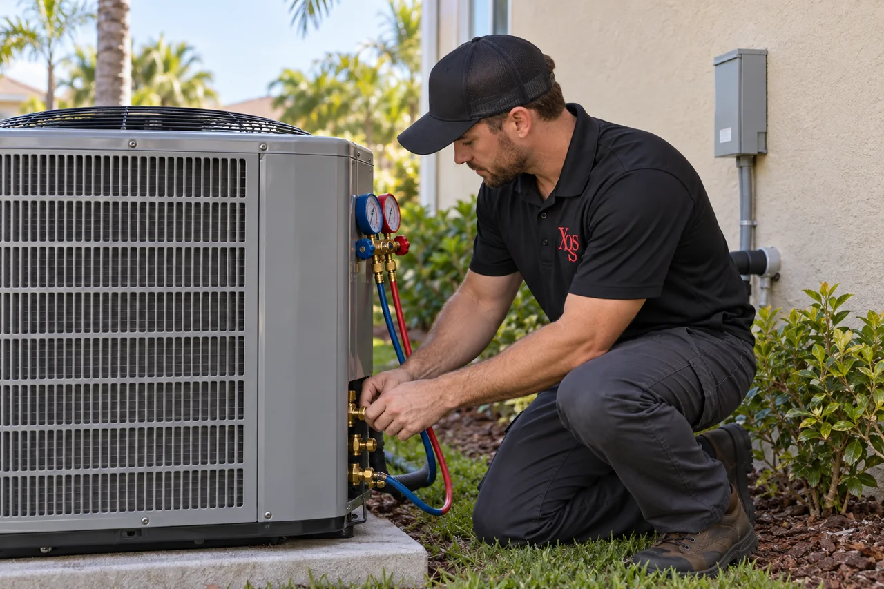Technician in a black XQS polo checking connections on a newly installed condenser