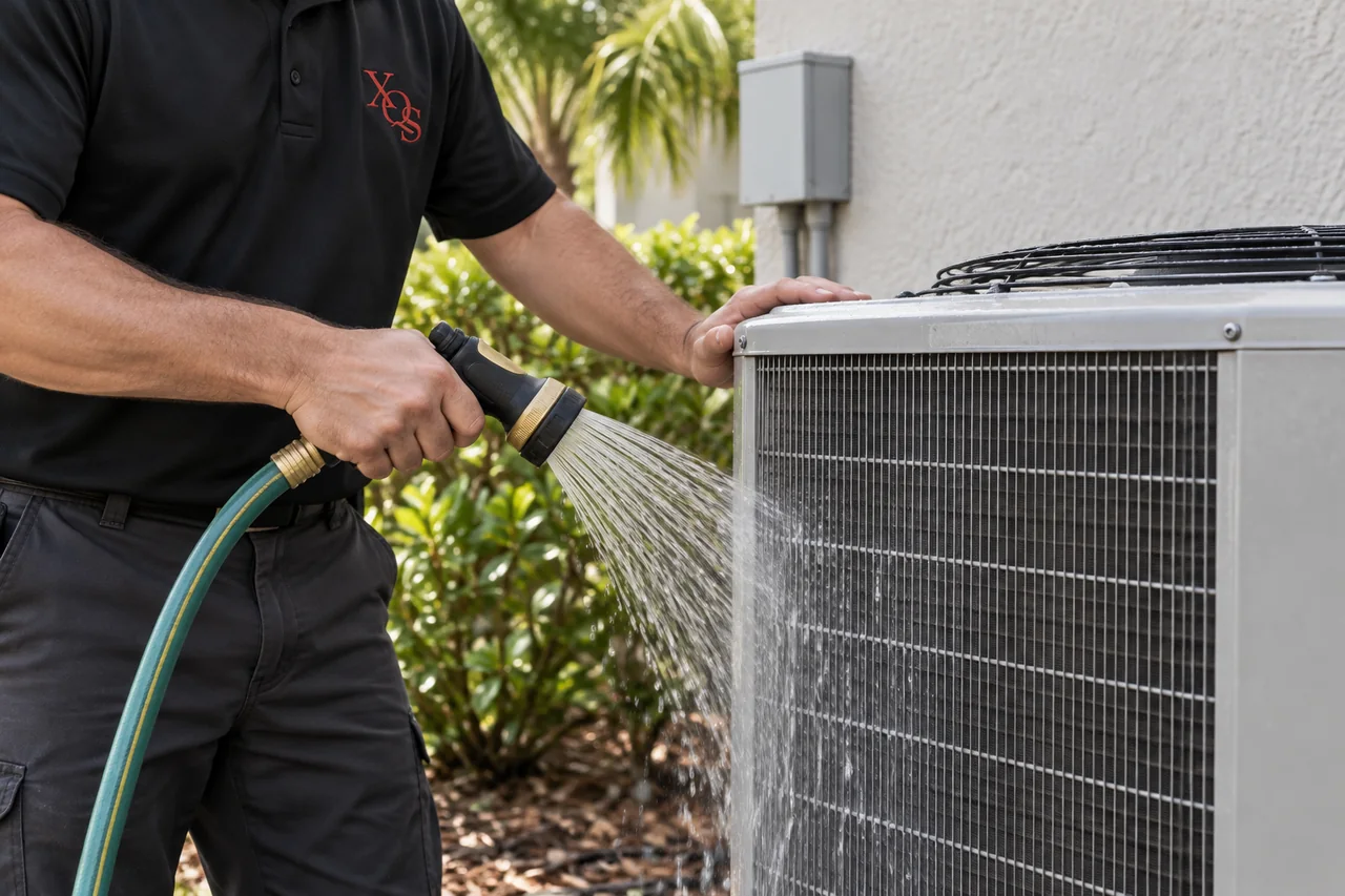 Technician rinsing the outdoor condenser coil with a gentle spray