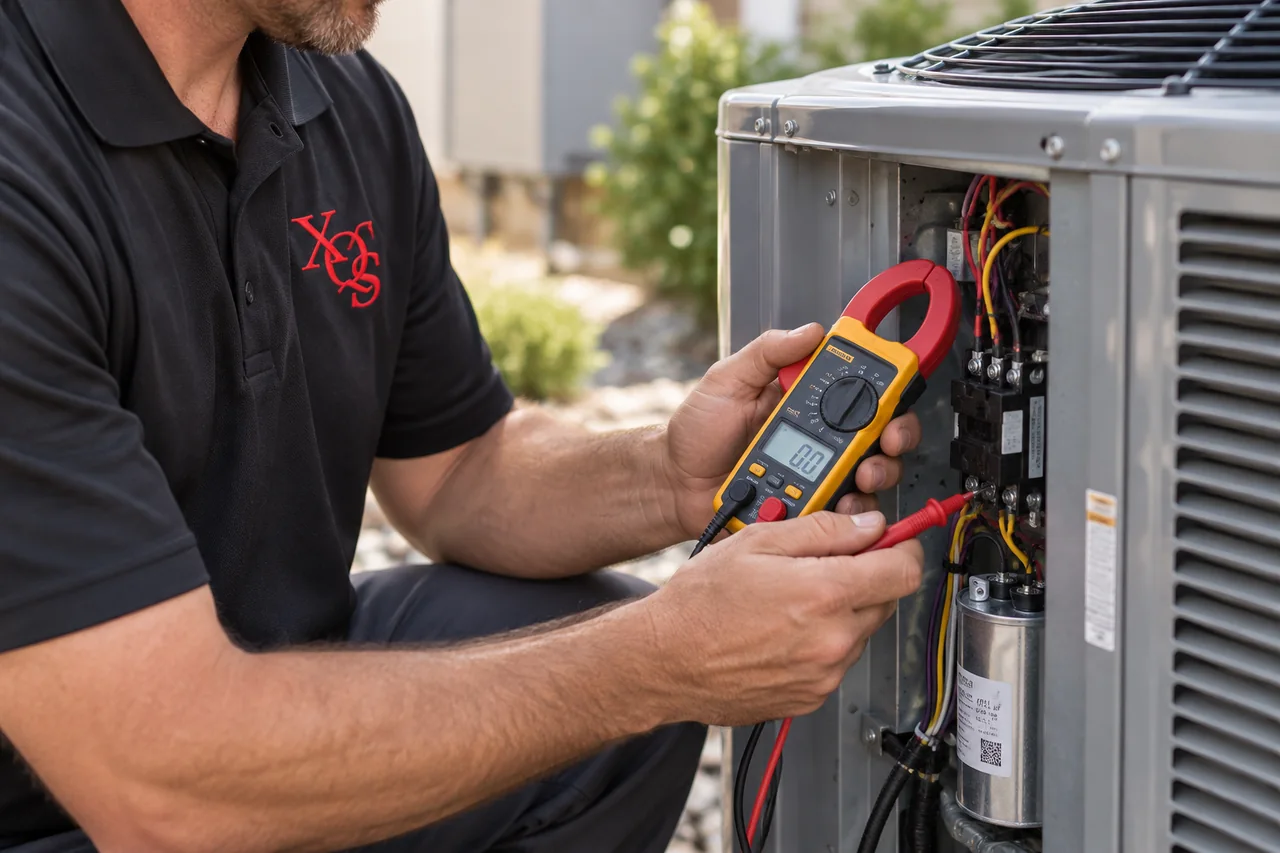Technician in a black XQS polo checking an AC service compartment with a meter