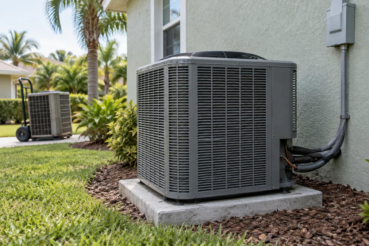 New outdoor air conditioner with the old unit on a hand truck behind it