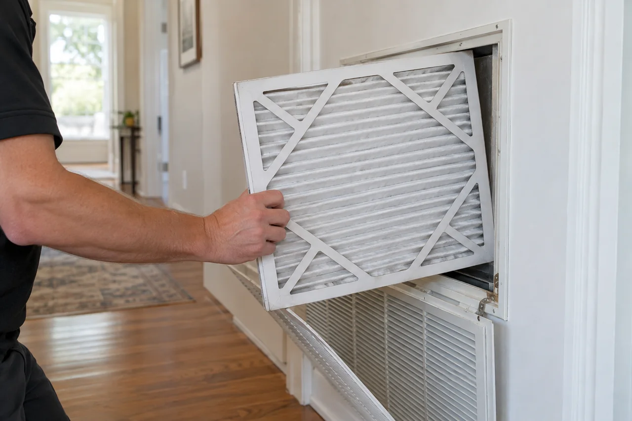 Pleated air filter partly withdrawn from a wall return grille