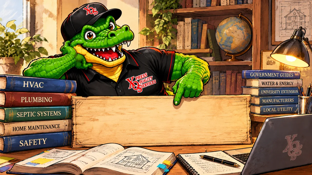 Alex Gator, la mascota de XQS, señala un cartel de madera en un escritorio rodeado de libros sobre HVAC, plomería, sistemas sépticos y guías públicas