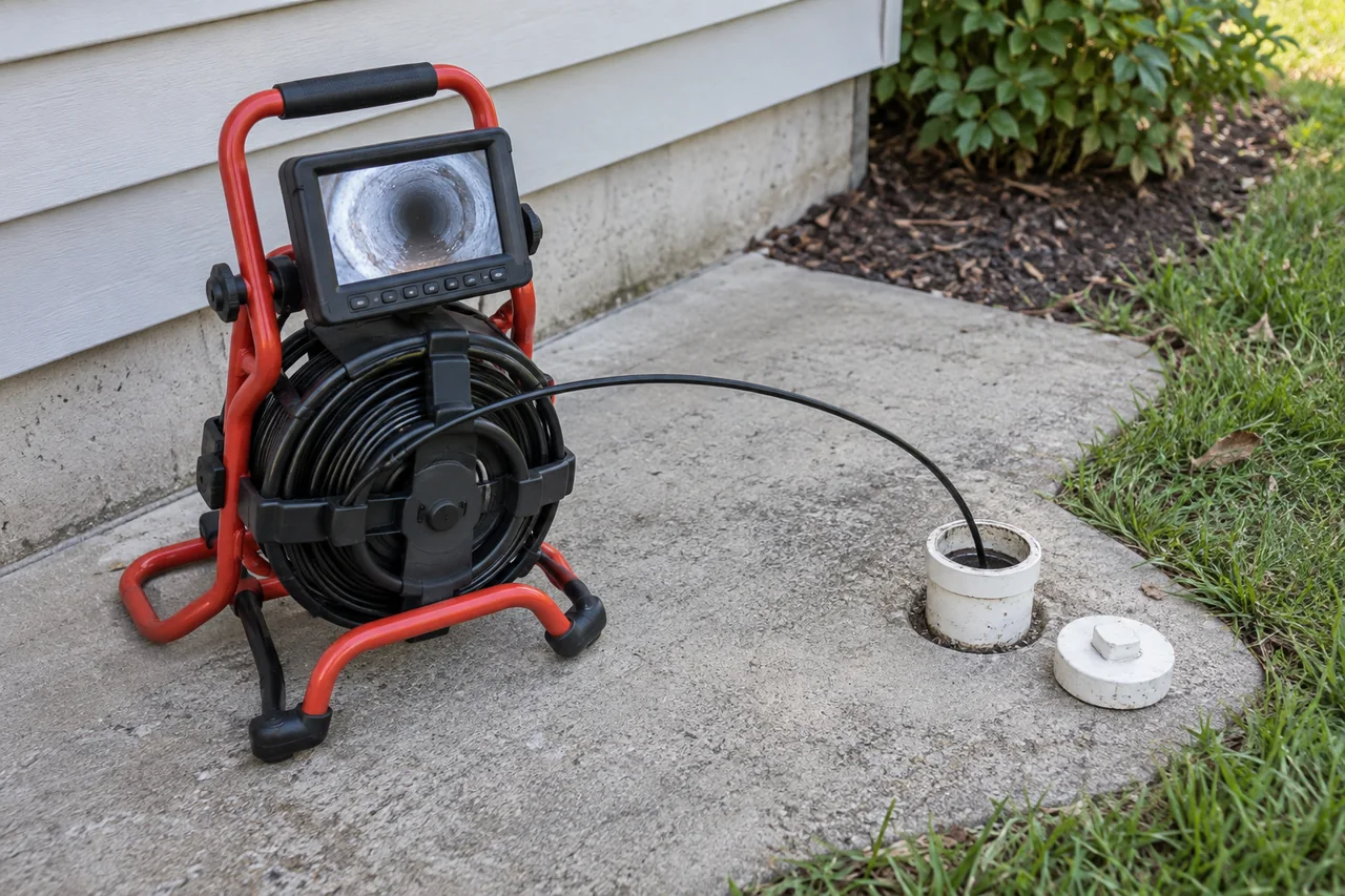 Sewer inspection camera reel beside an outdoor PVC cleanout