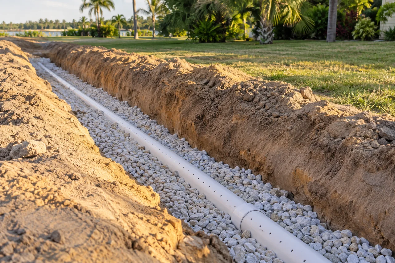 Perforated PVC drain field pipe in a gravel-filled trench
