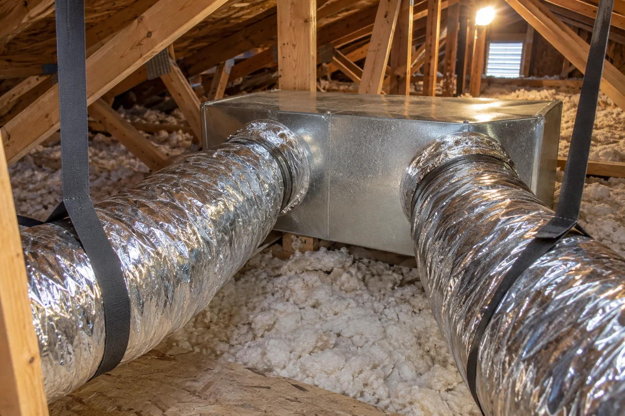 Insulated air ducts connected to an attic plenum