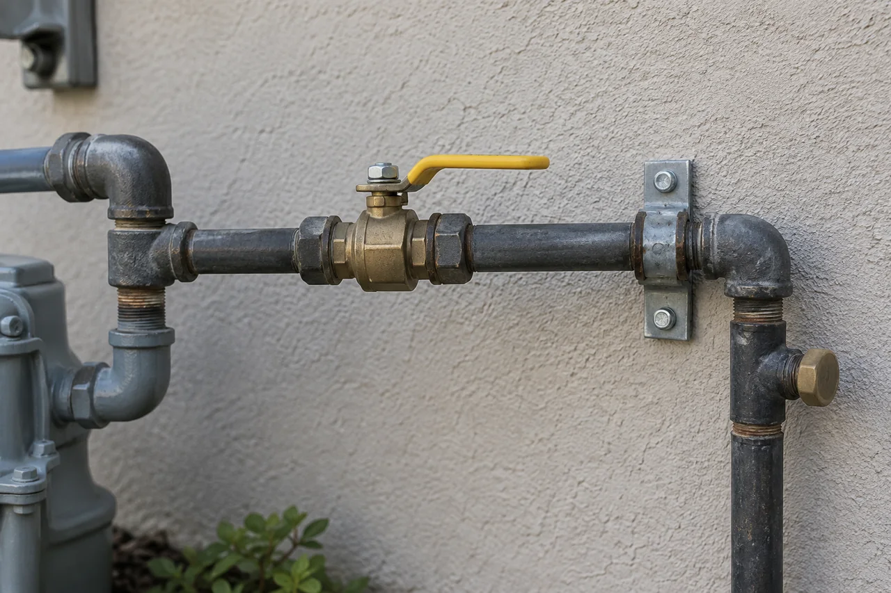 Black iron gas pipe with a yellow-handled shutoff valve