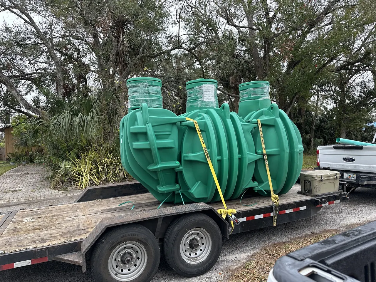 New septic tanks on a trailer ready for an installation.