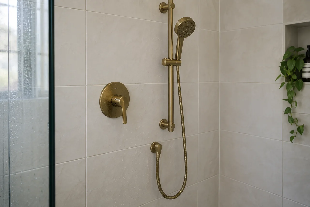 Brass shower valve and handheld shower against cream bathroom tile