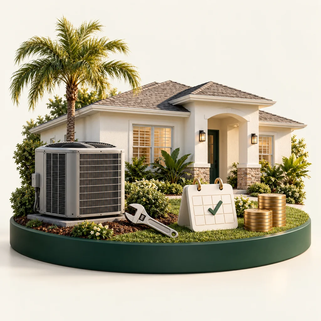 Illustration of a home and air conditioner with a maintenance tool, calendar and coins representing membership care and savings.