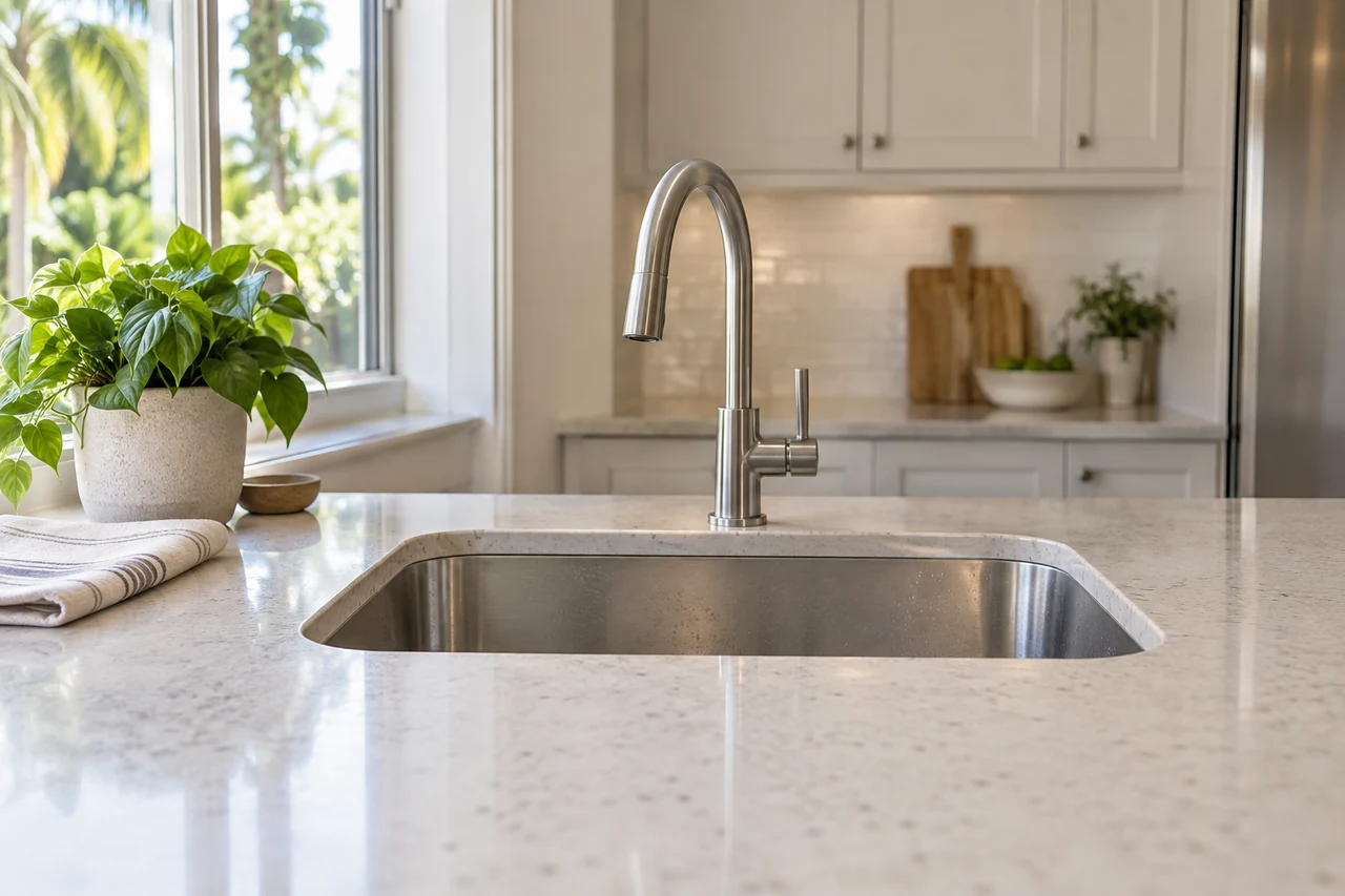 Kitchen faucet above a stainless steel sink