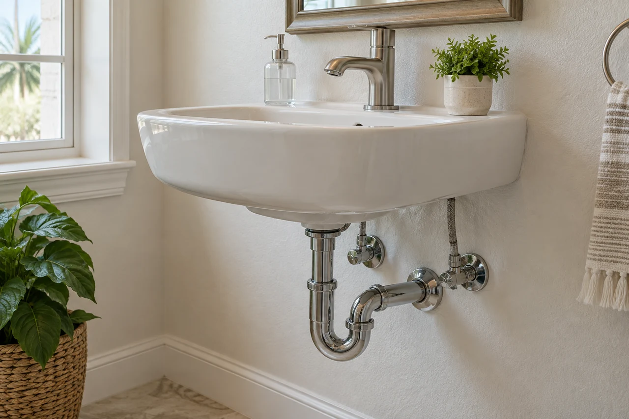 Illustrative image of a bathroom sink and plumbing