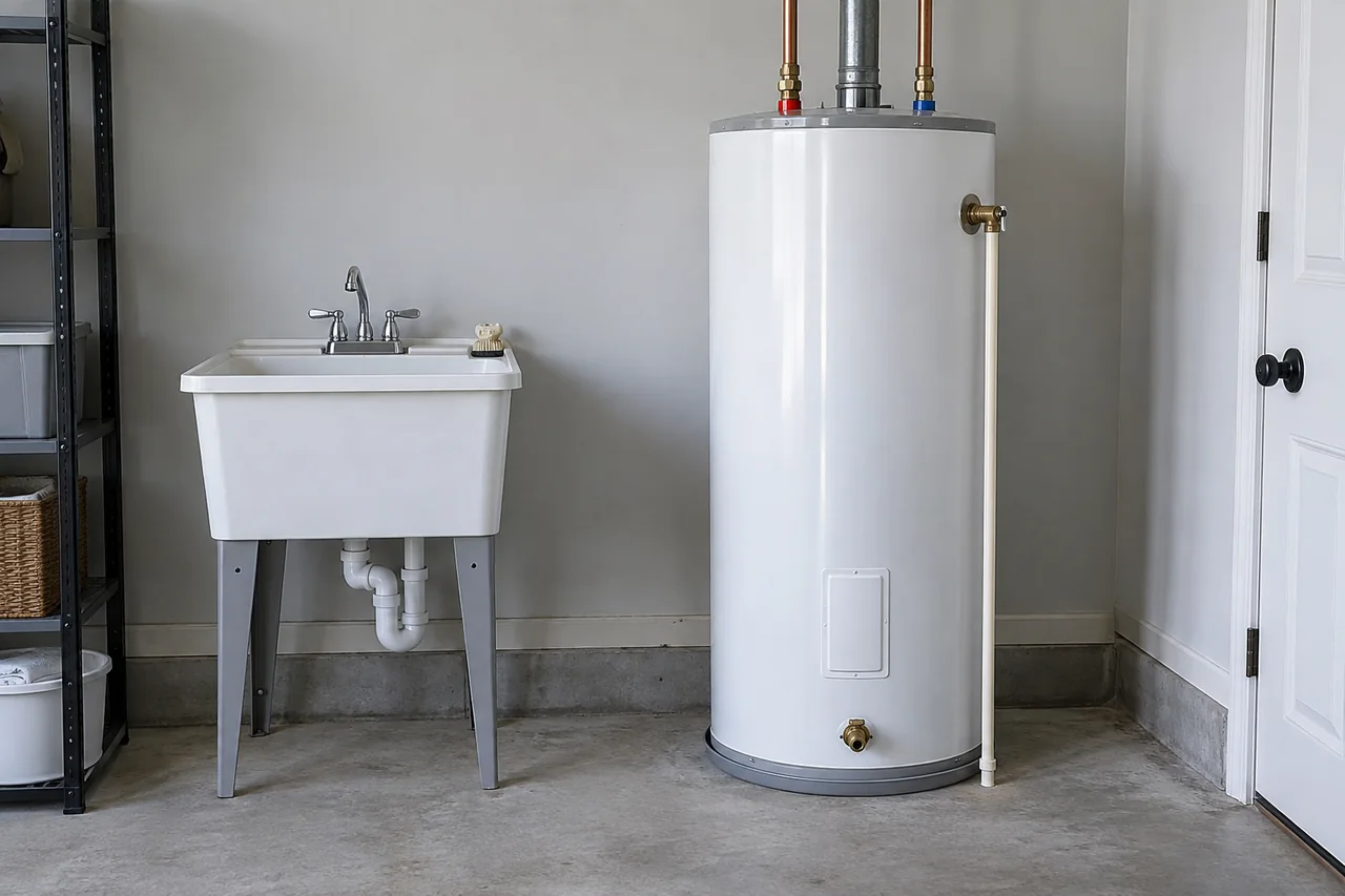 Utility sink beside a tank water heater and connected supply pipes