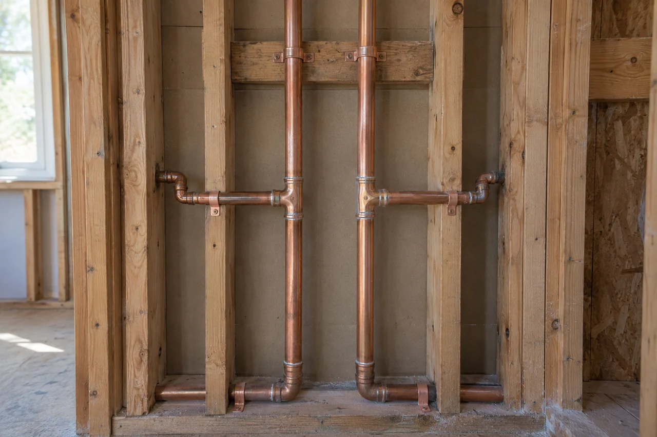 Copper water supply pipes within an open wall