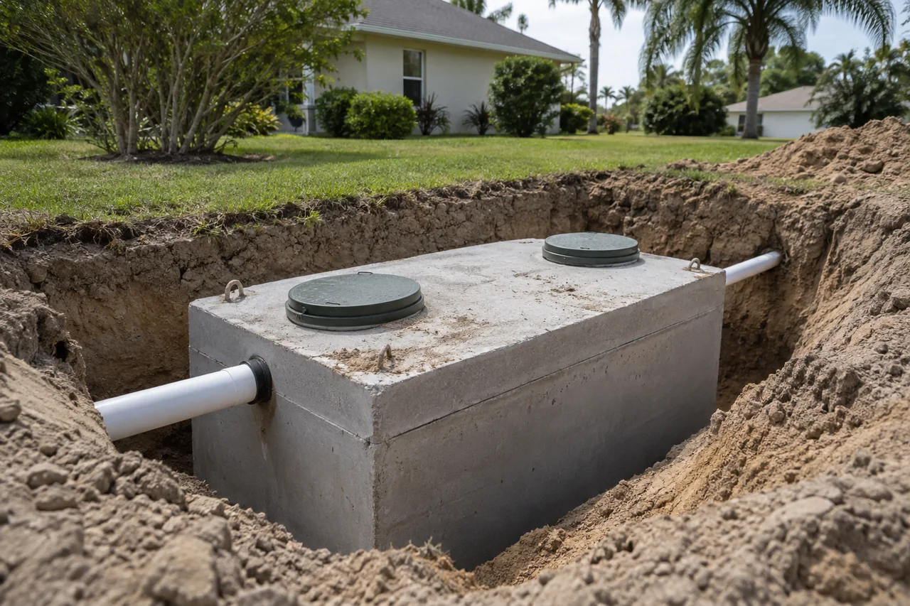 Precast concrete septic tank set in a sandy excavation