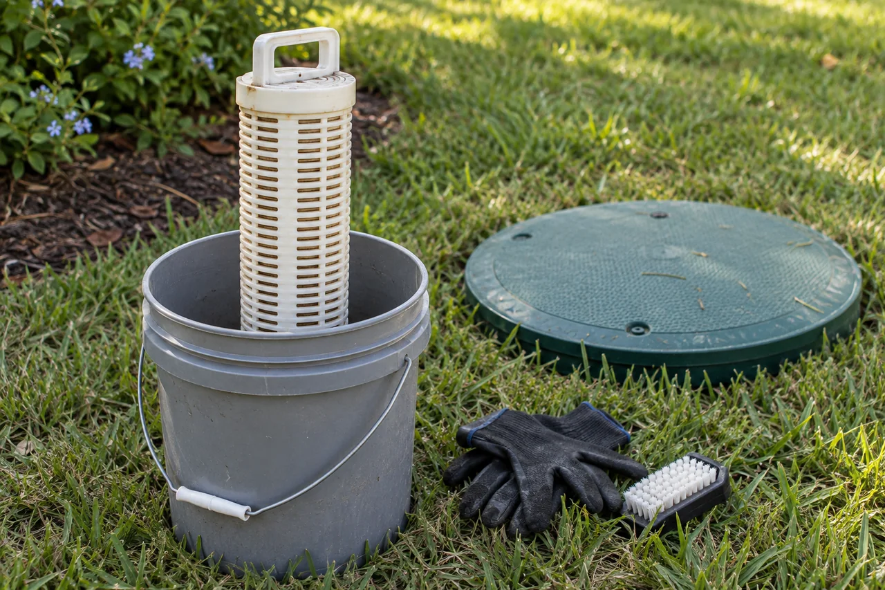 Septic effluent filter cartridge and maintenance tools beside a closed access lid