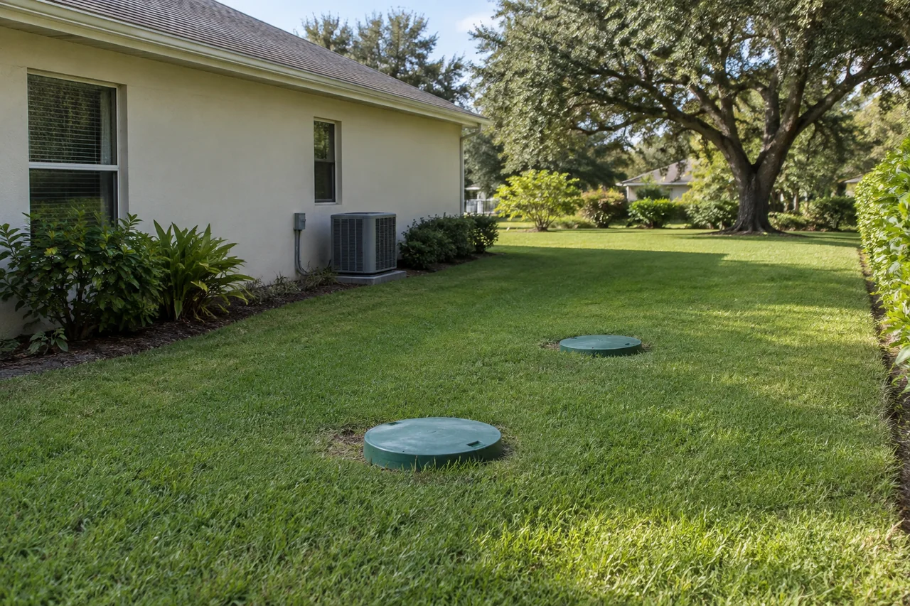 Two closed septic access lids in a residential side yard