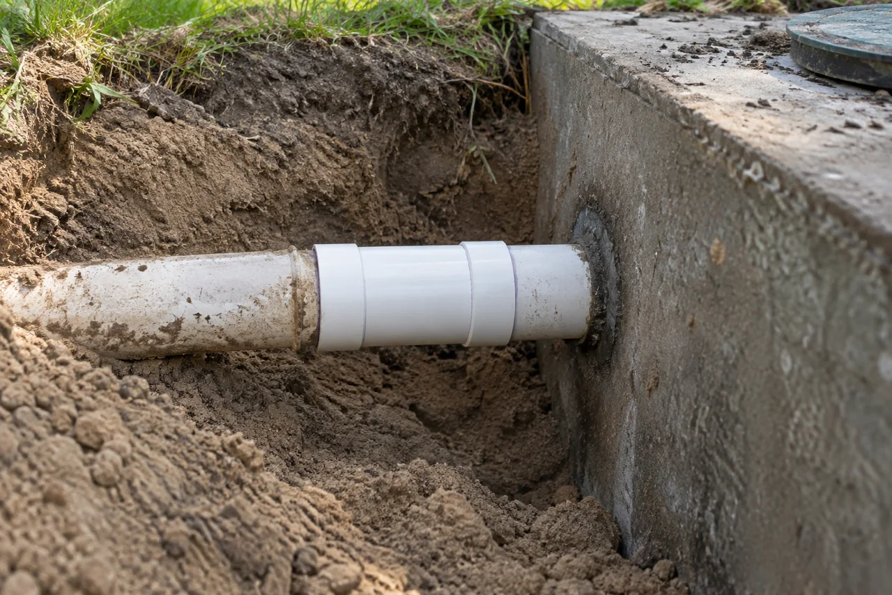 New PVC coupling at an exposed septic tank pipe connection