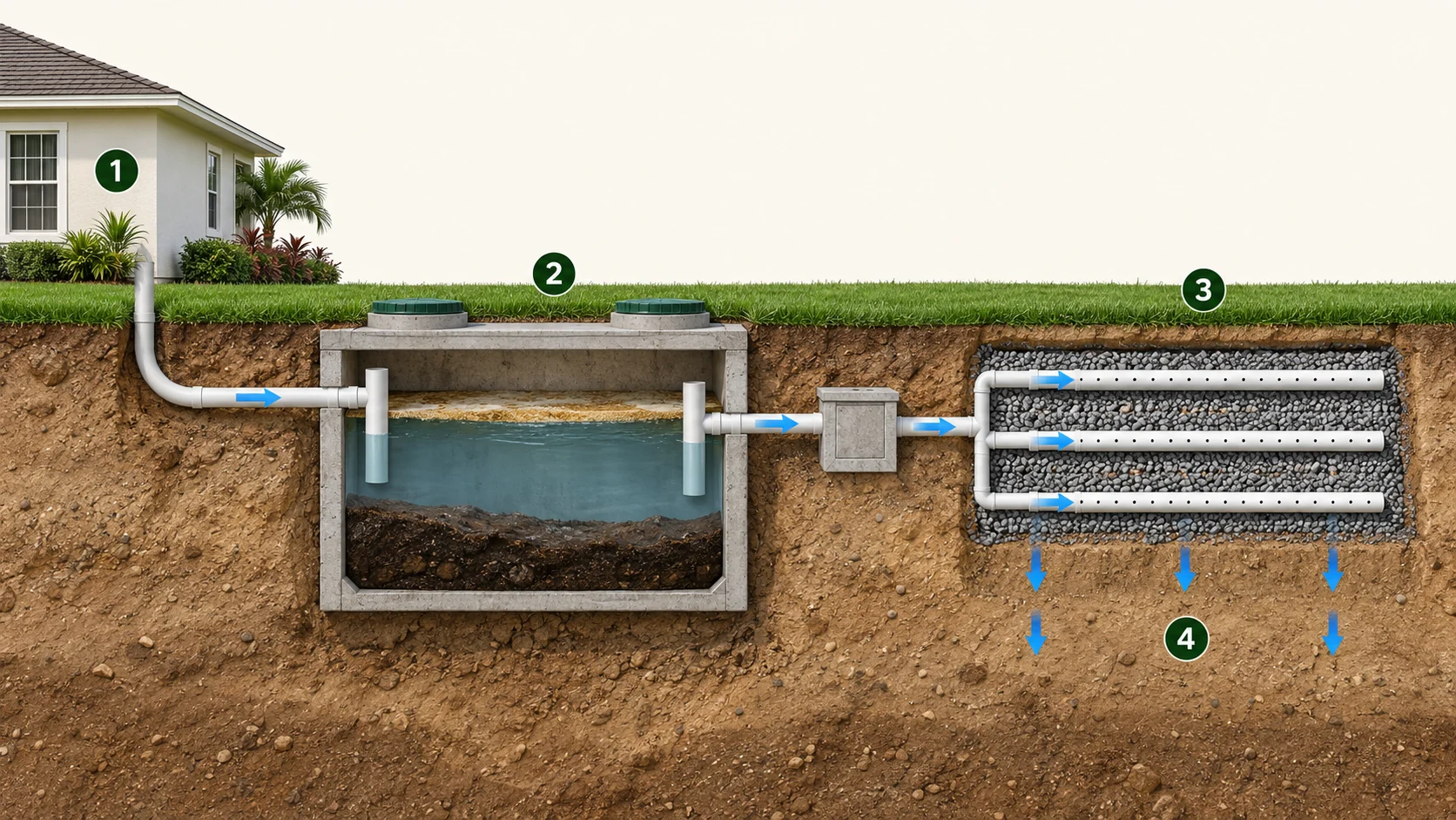 Conventional septic system cutaway: wastewater travels from the home to a tank with floating scum, liquid and settled sludge, then through a distribution box into a drain field and the soil below.