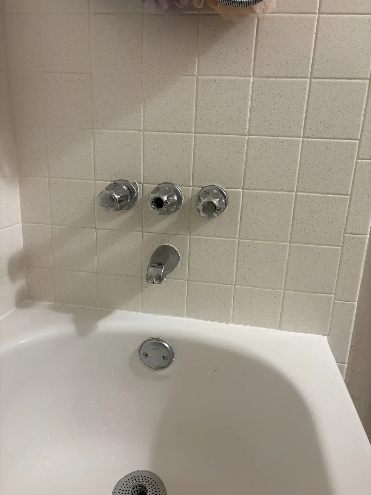 Bathtub faucet and trim documented during a faucet service call in Dunedin.