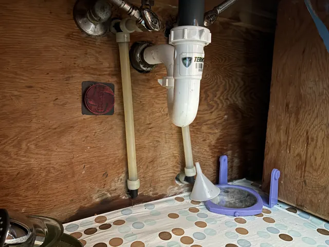 Under-sink drain and water connections documented during a plumbing service in Temple Terrace.