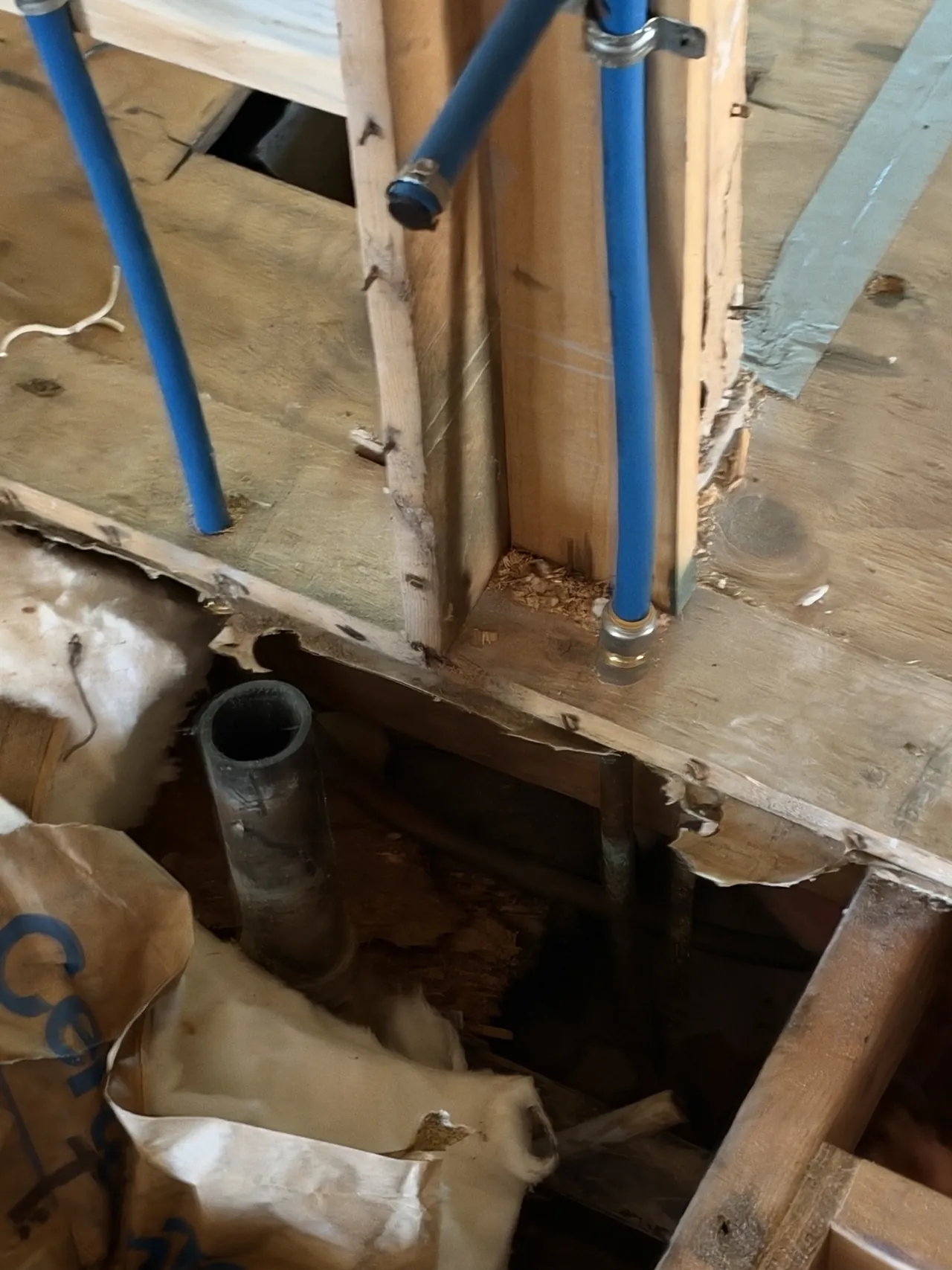 New blue PEX water supply lines run through an opened wall during plumbing work