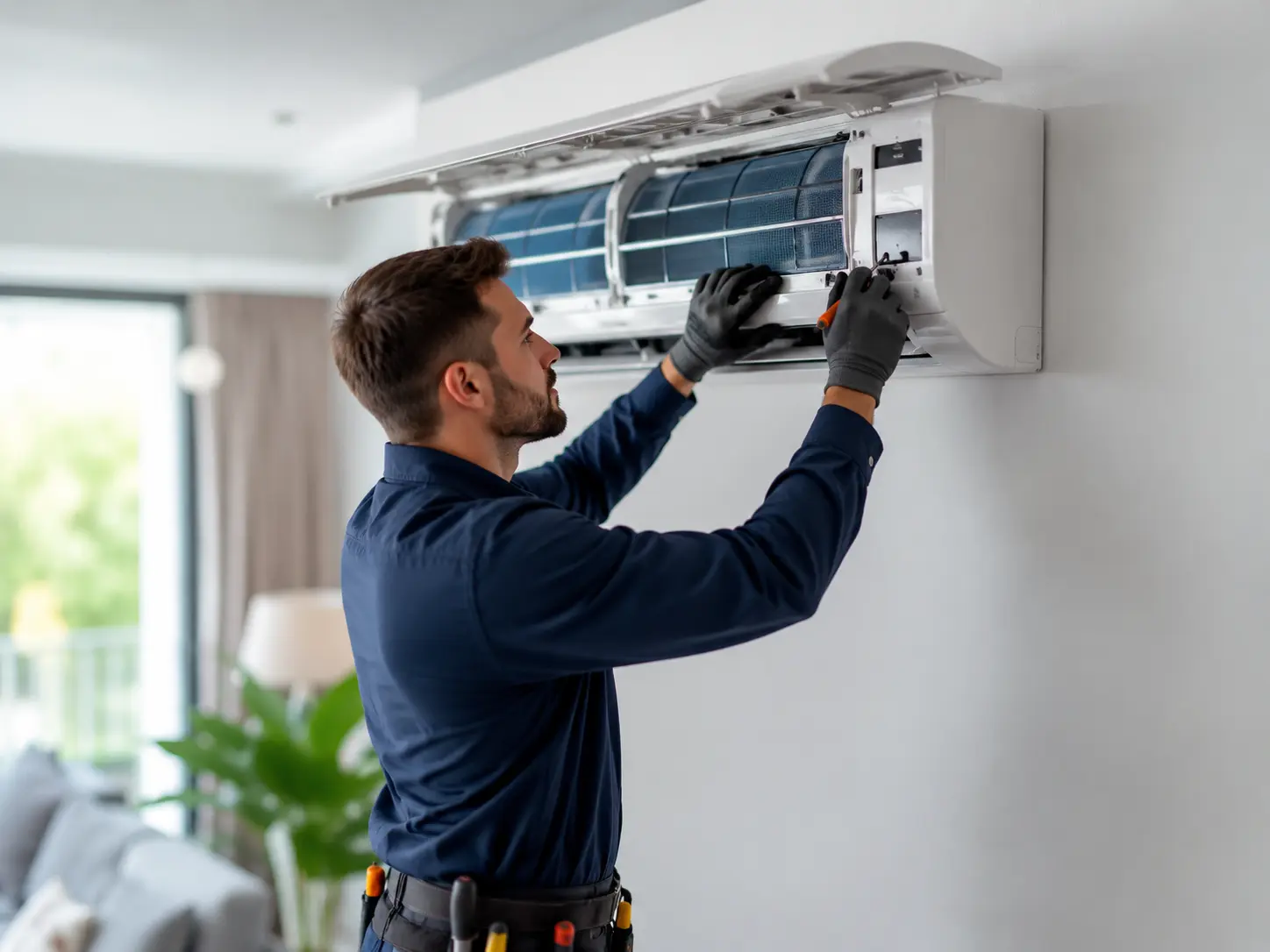 HVAC technician servicing an indoor air conditioning unit
