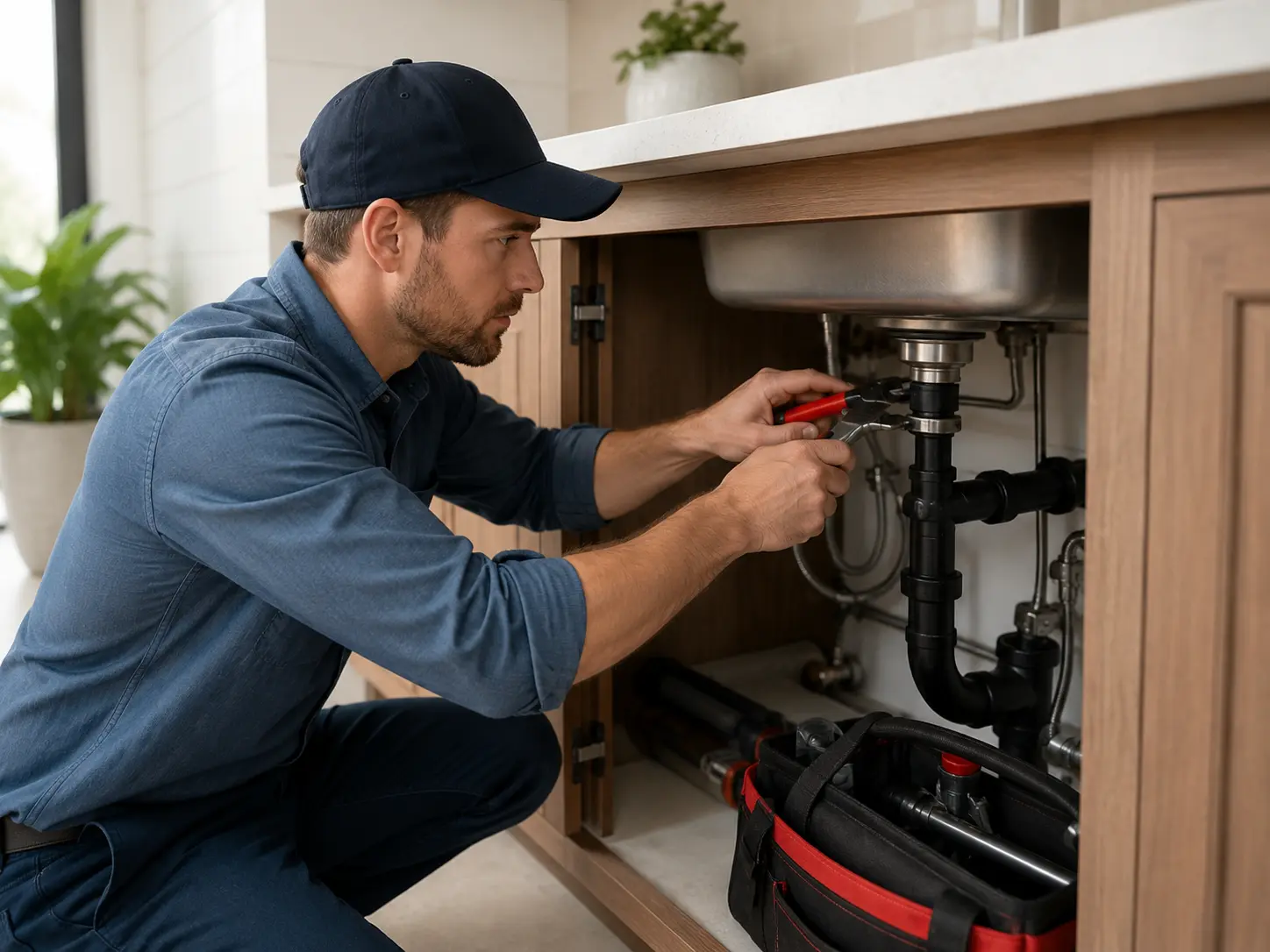 Plumber repairing pipes under a sink